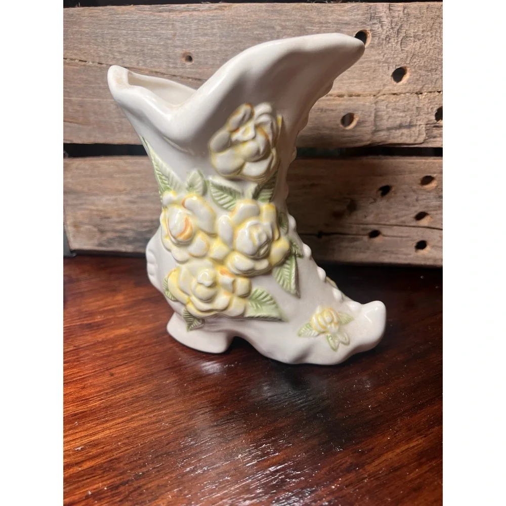 Vintage Ceramic Shoe Planter/Vase with Yellow Roses Granny Core